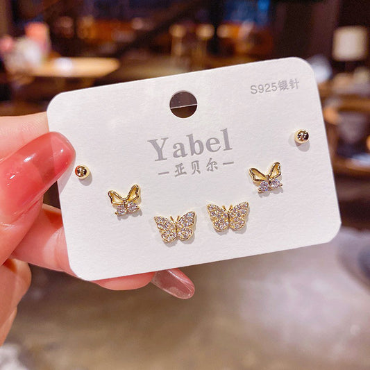 3 Pairs Crystal Butterfly Sterling Silver Stud Earrings Set - Dshop.com.au