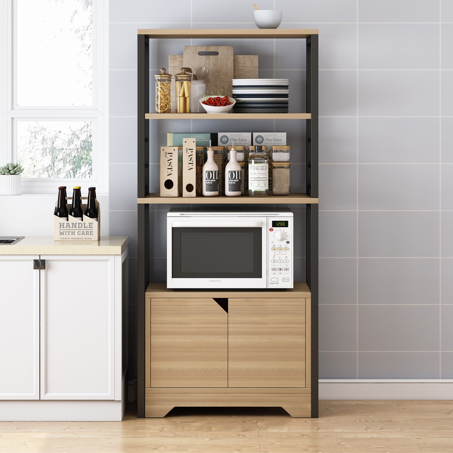 4-Level Arena Organizer Kitchen Storage Cabinet Shelf (Oak & Black)