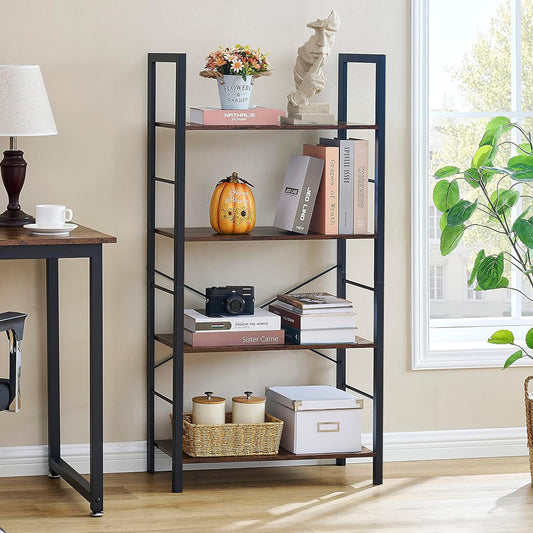 4 Tier Multifunction Heavy Duty Bookcase Rustic Wood & Steel Storage Shelf Organizer