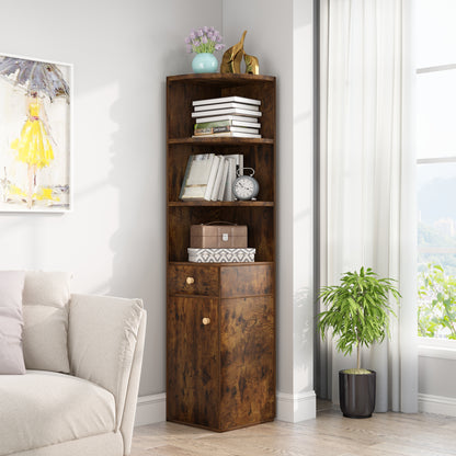 Vision Stylish Rustic Wooden Corner Shelf Unit with Cabinet & Drawer