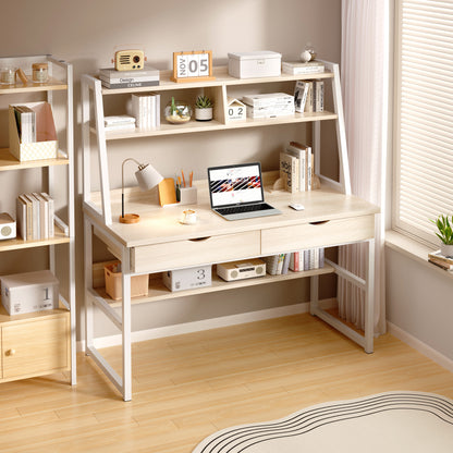 Enterprise Large Computer Desk Workstation with Shelves & Drawers (White Oak)