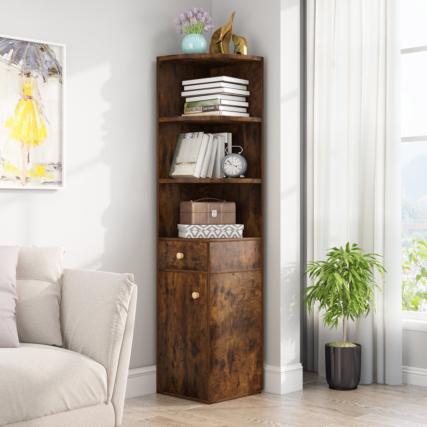 Vision Stylish Rustic Wooden Corner Shelf Unit with Cabinet & Drawer
