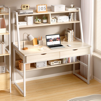 Enterprise Large Computer Desk Workstation with Shelves & Drawers (White Oak)