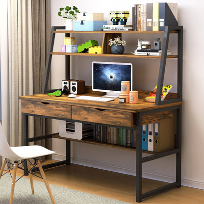 Enterprise Large Computer Desk Workstation with Shelves & Drawers (Rustic Wood)