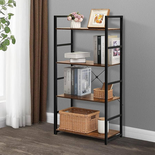 4 Tier Multifunction Heavy Duty Bookcase Rustic Wood & Steel Storage Shelf Organizer