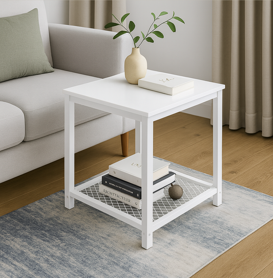 Loft White Industrial Wood & Steel Side Table with Storage Shelf