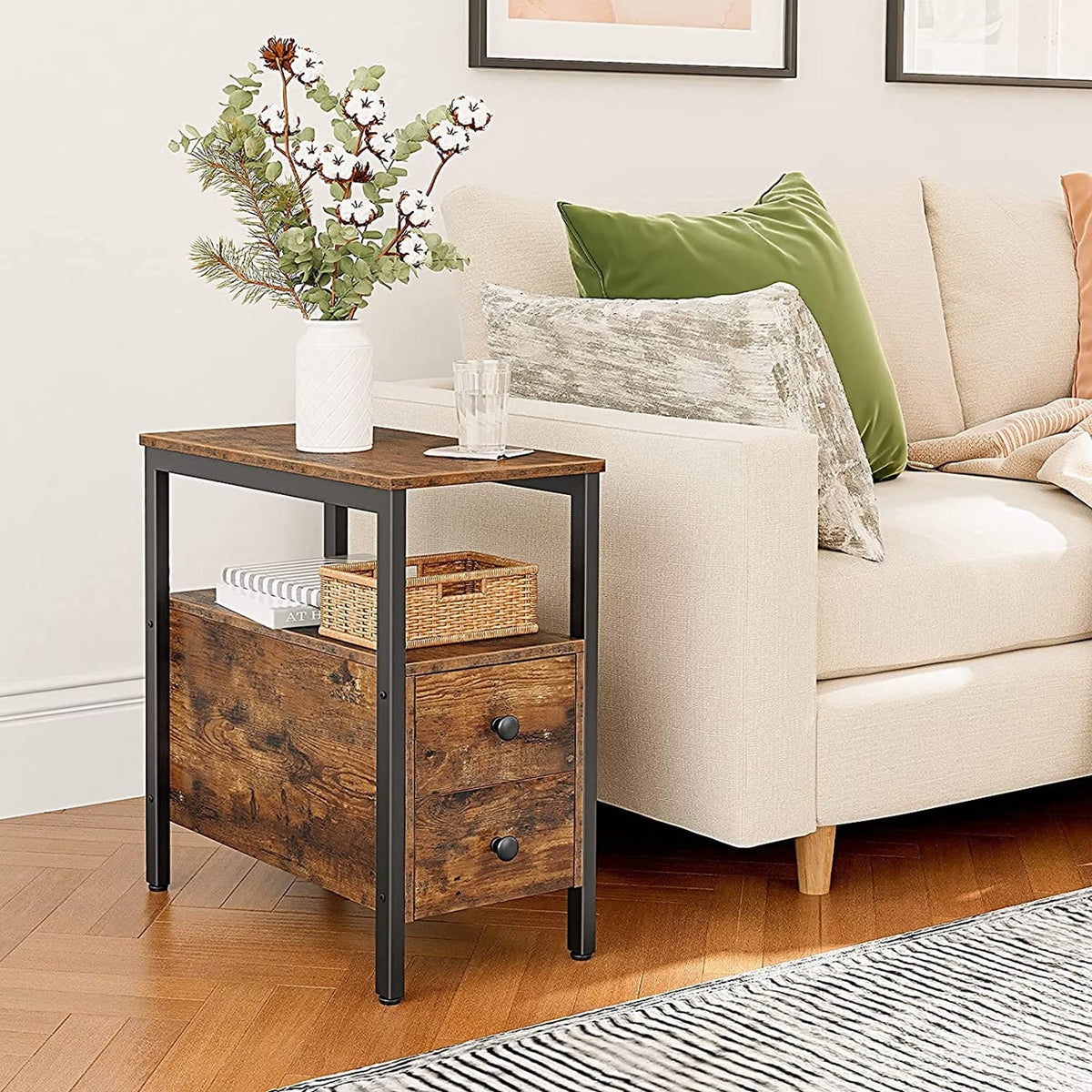 Verona Rustic Wood & Metal Bedside Sofa Side Table with Drawers
