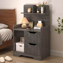 Harmony Tall Bed Side Table with Chest of Drawers and Shelf (Rustic Grey)