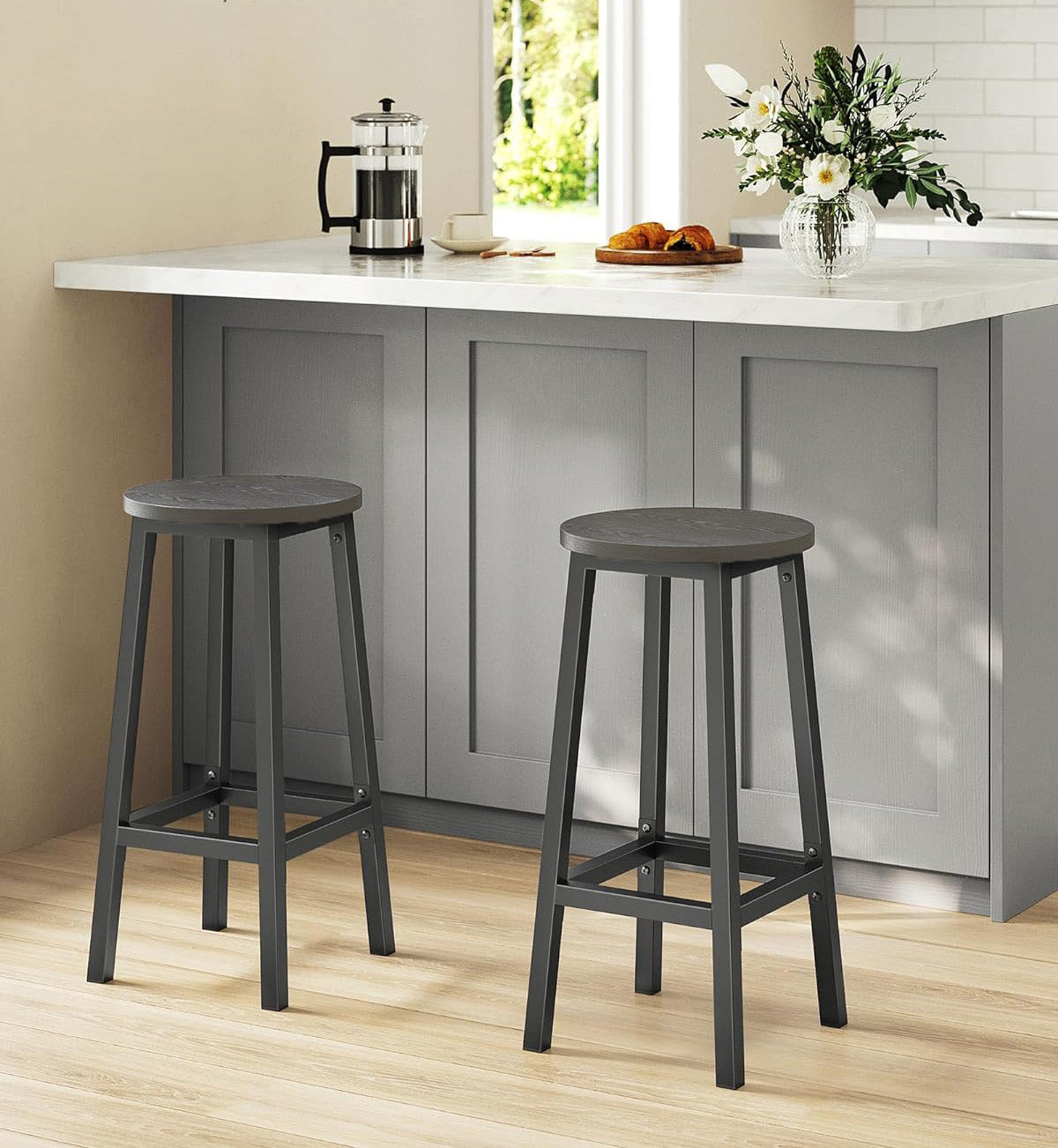 2 x Modern Industrial Bar Stool Wood & Metal Kitchen Counter Seating (Driftwood Grey)