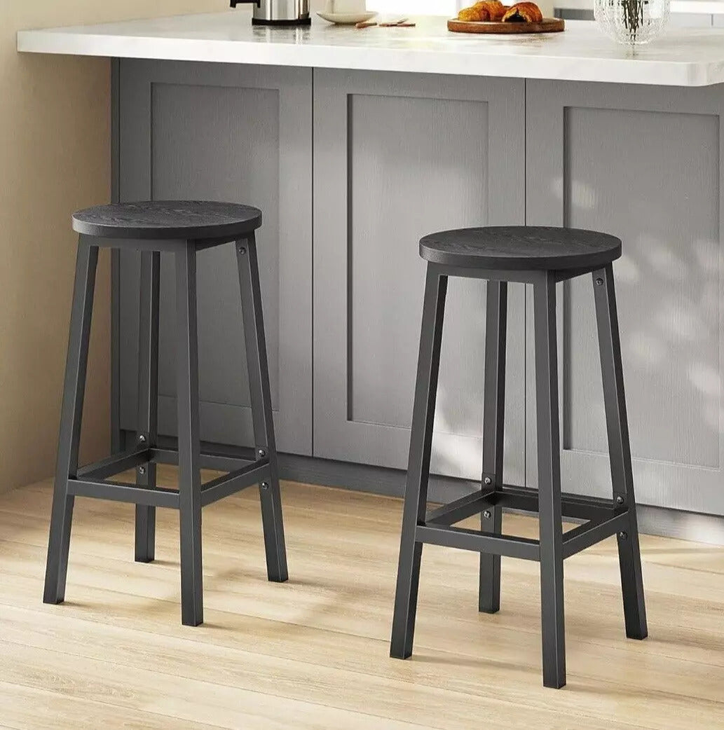 2 x Modern Industrial Bar Stools Black Wood & Metal Kitchen Counter Seating - Dshop.com.au