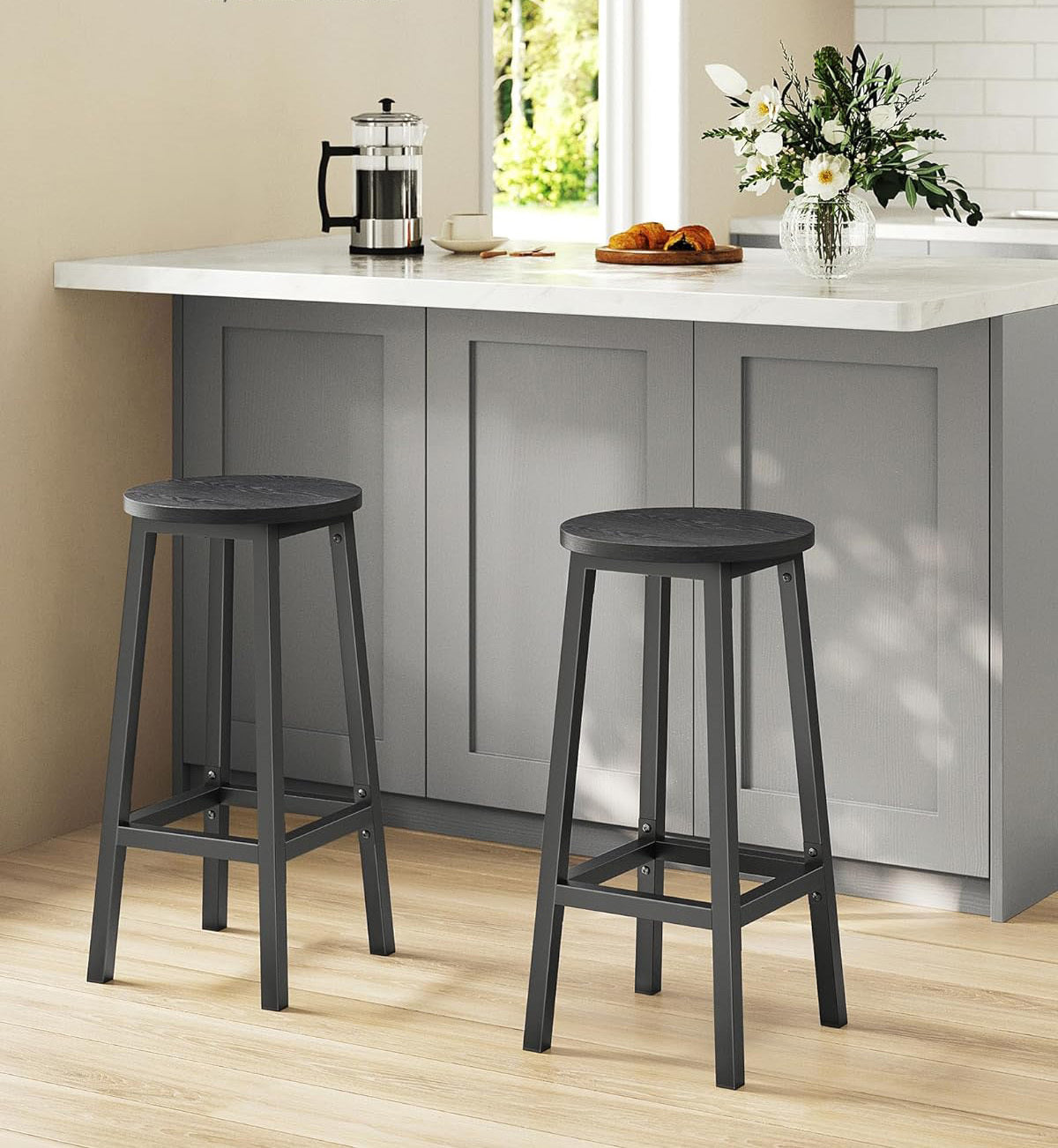 2 x Modern Industrial Bar Stools Black Wood & Metal Kitchen Counter Seating - Dshop.com.au