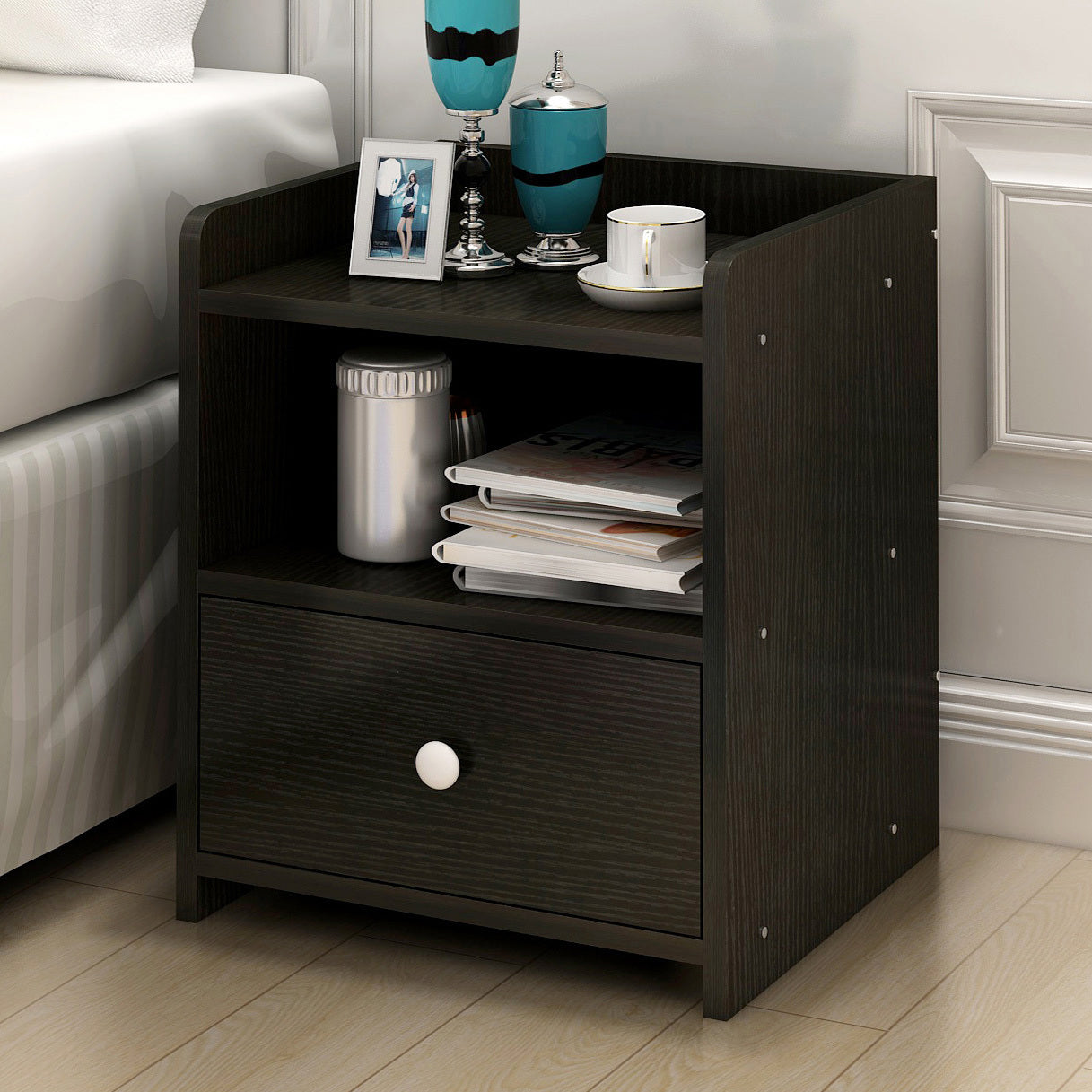 2 x Varossa Classic Bedside Table with Drawer (Black Wood) - Dshop.com.au