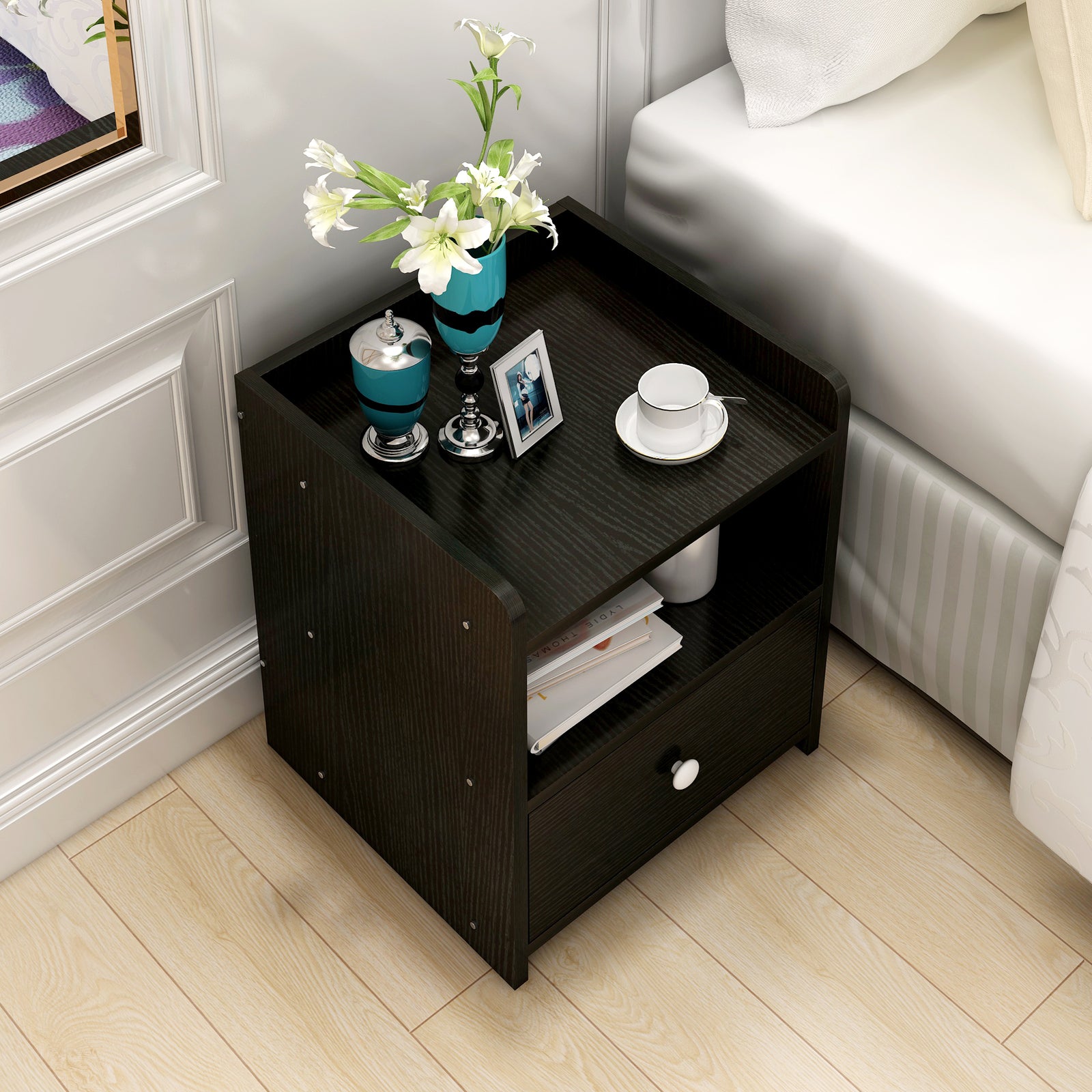 2 x Varossa Classic Bedside Table with Drawer (Black Wood) - Dshop.com.au