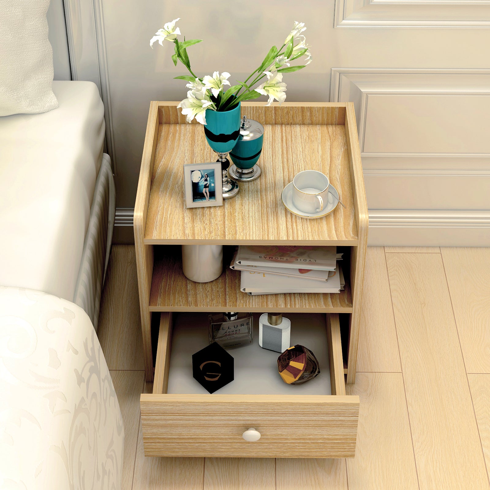 2 x Varossa Classic Bedside Table with Drawer (Oak) - Dshop.com.au