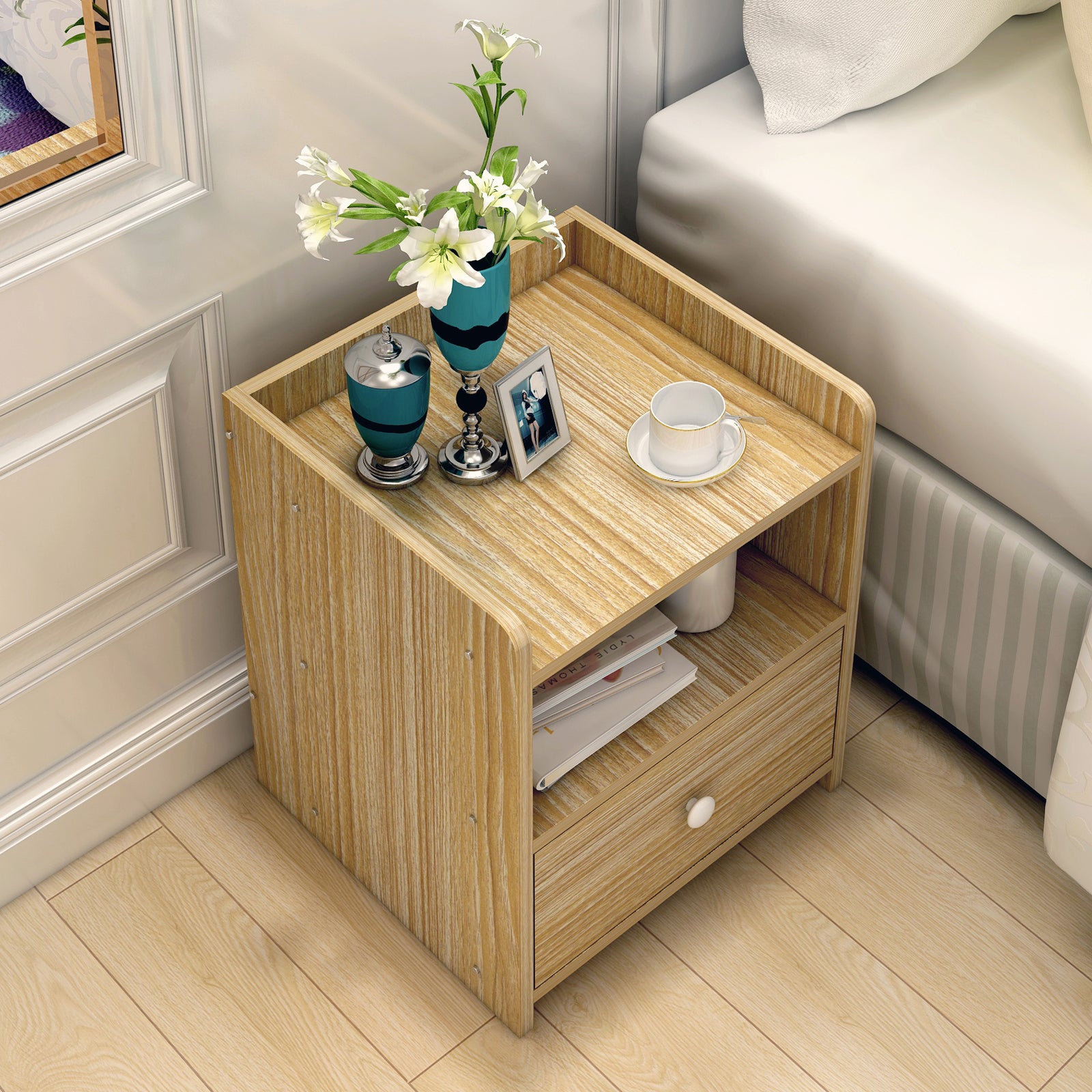 2 x Varossa Classic Bedside Table with Drawer (Oak) - Dshop.com.au