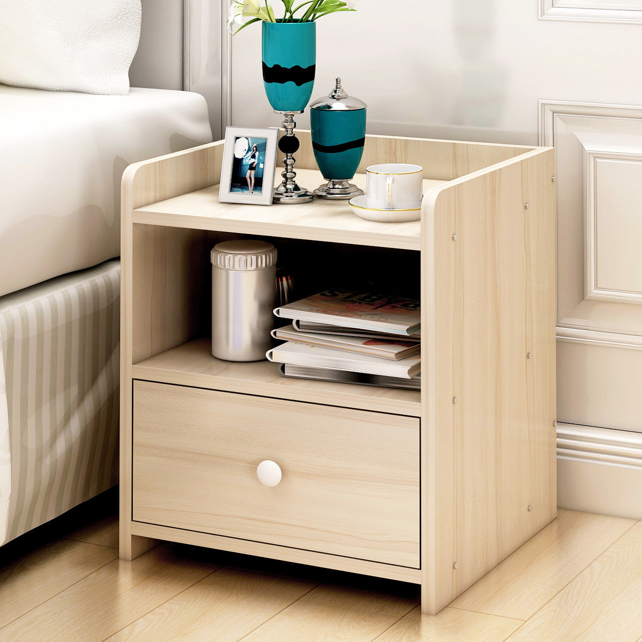 2 x Varossa Classic Bedside Table with Drawer (White Oak) - Dshop.com.au