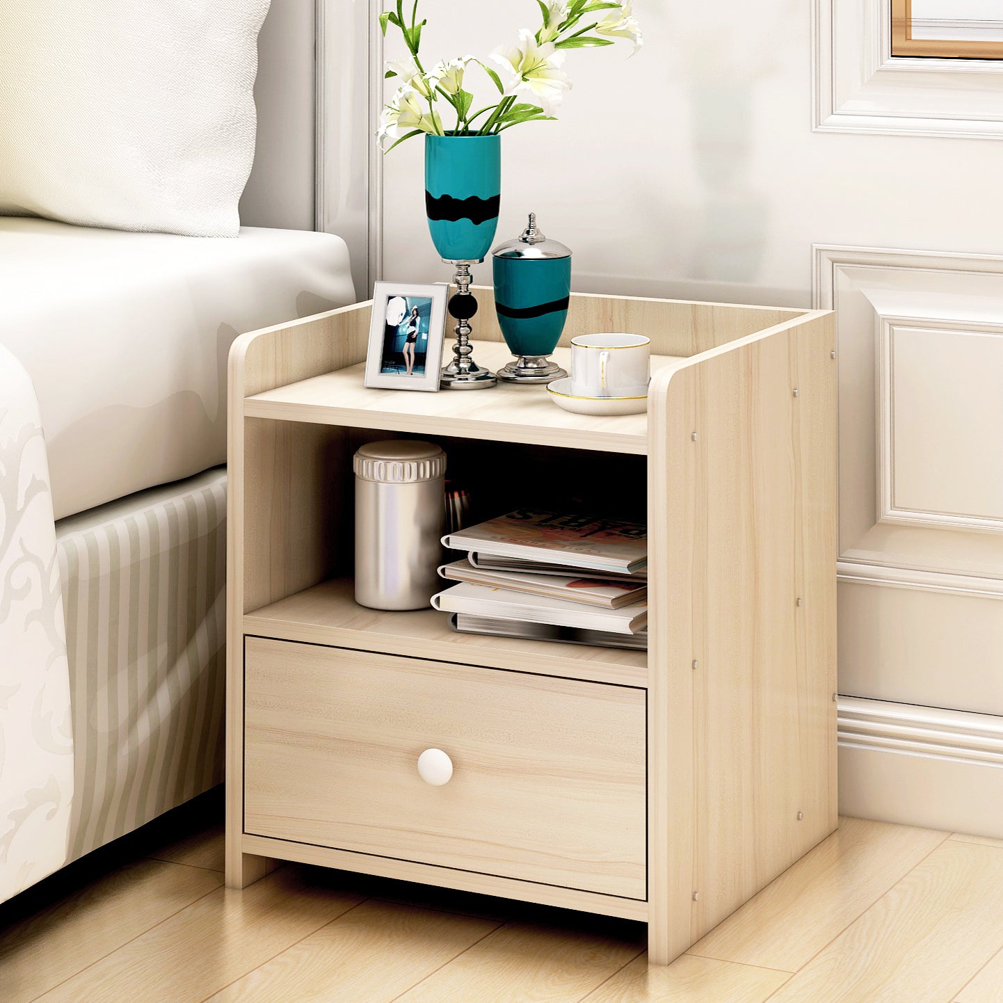 2 x Varossa Classic Bedside Table with Drawer (White Oak) - Dshop.com.au