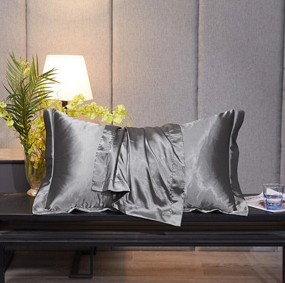 2 x Luxury Silk Satin Bedding Pillowcases Pillow Cases (Grey) - Dshop.com.au