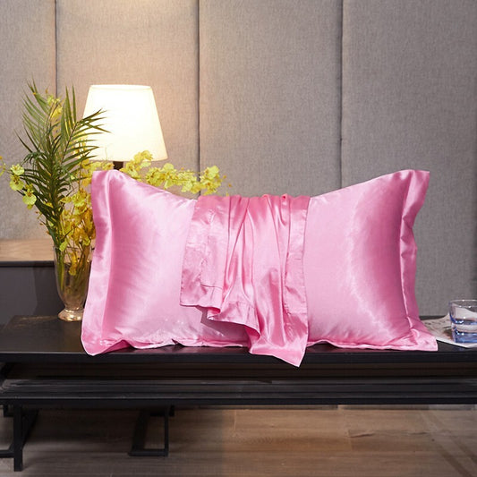 2 x Luxury Silk Satin Bedding Pillowcases Pillow Cases (Pink)