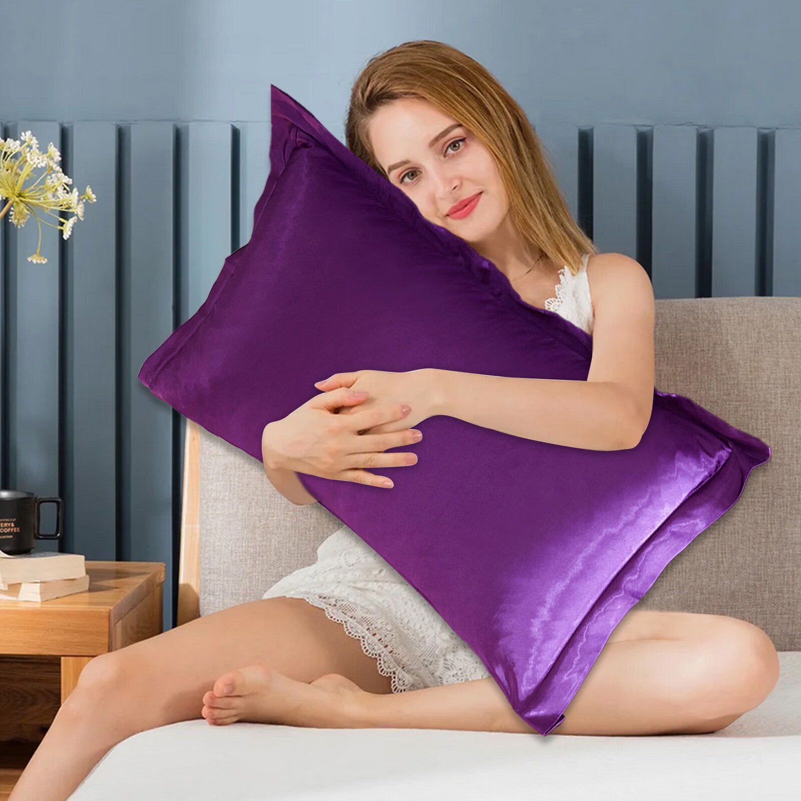 2 x Luxury Silk Satin Bedding Pillowcases Pillow Cases (Purple) - Dshop.com.au