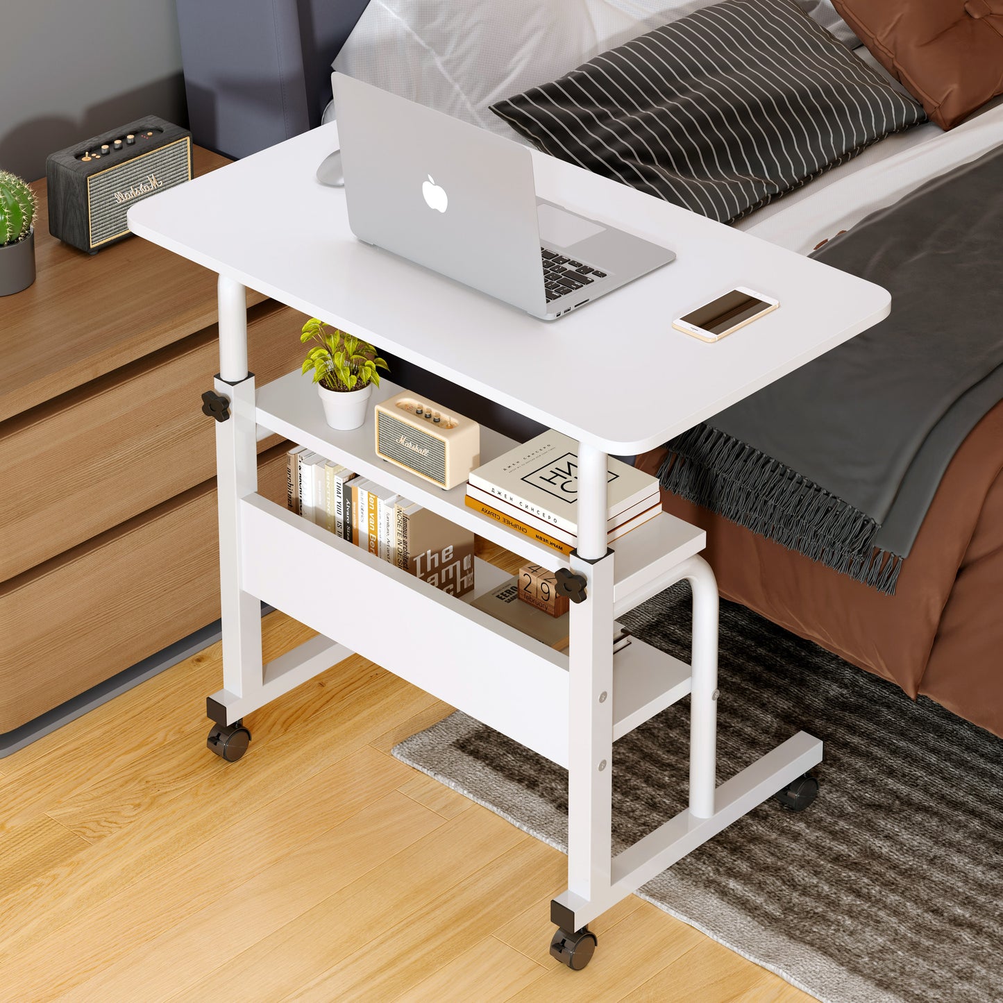 Calibre 2-tier Sofa Bed Side Table Laptop Desk with Shelves and Wheels (White)