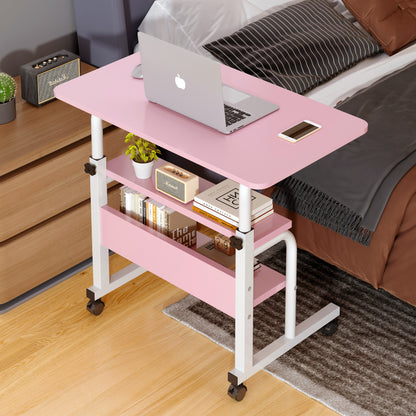 Calibre 2-tier Sofa Bed Side Table Laptop Desk with Shelves and Wheels (Pink)