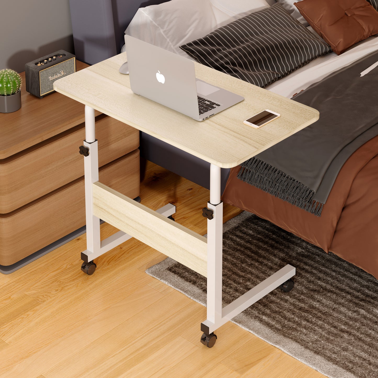 Impact Adjustable Portable Sofa Bed Side Table Laptop Desk with Wheels (White Oak)