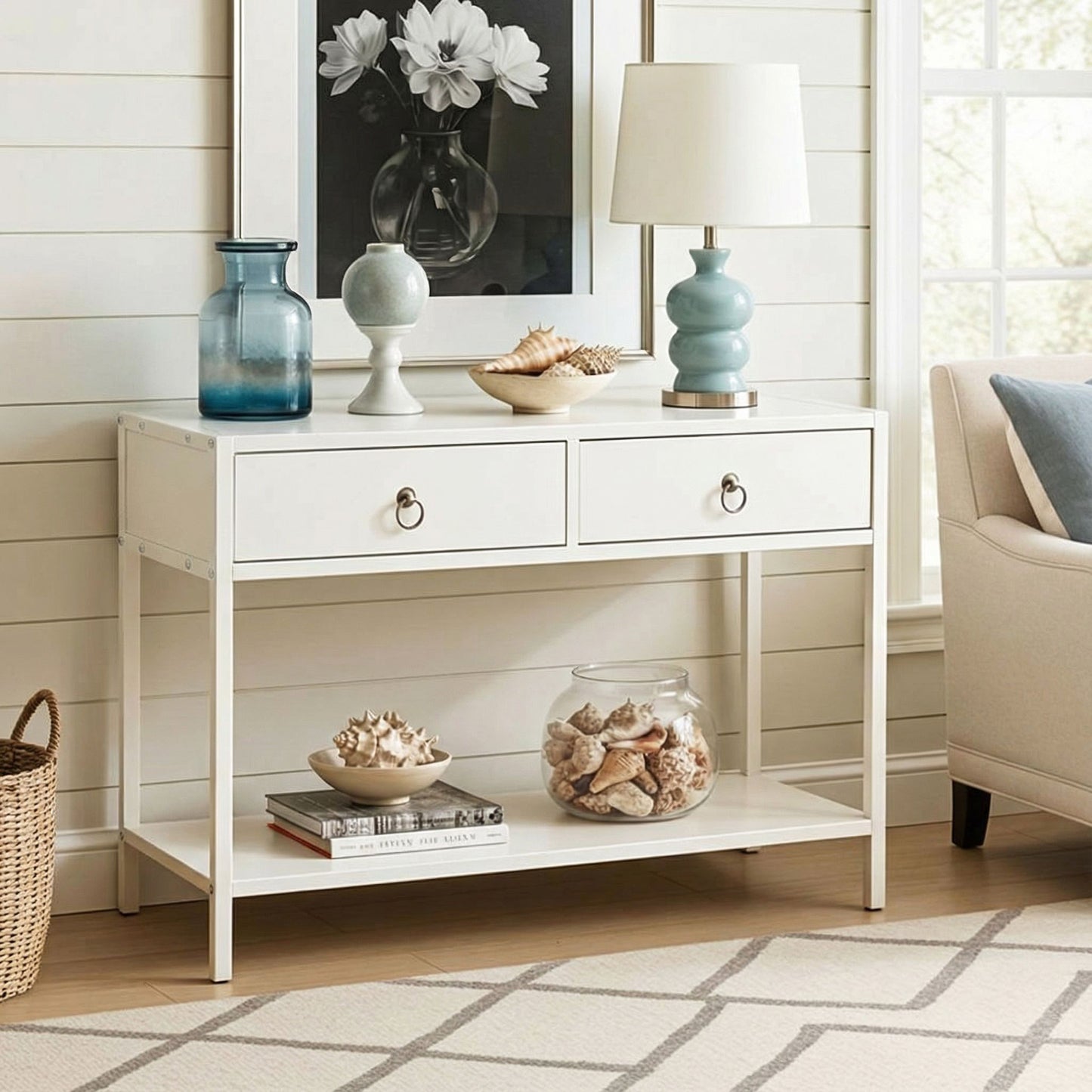 Essence White Console Table with Drawers Hallway Entry Storage Shelf
