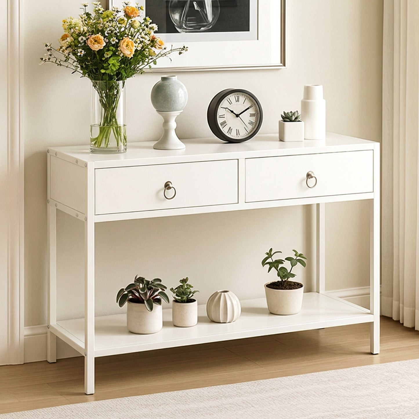 Essence White Console Table with Drawers Hallway Entry Storage Shelf