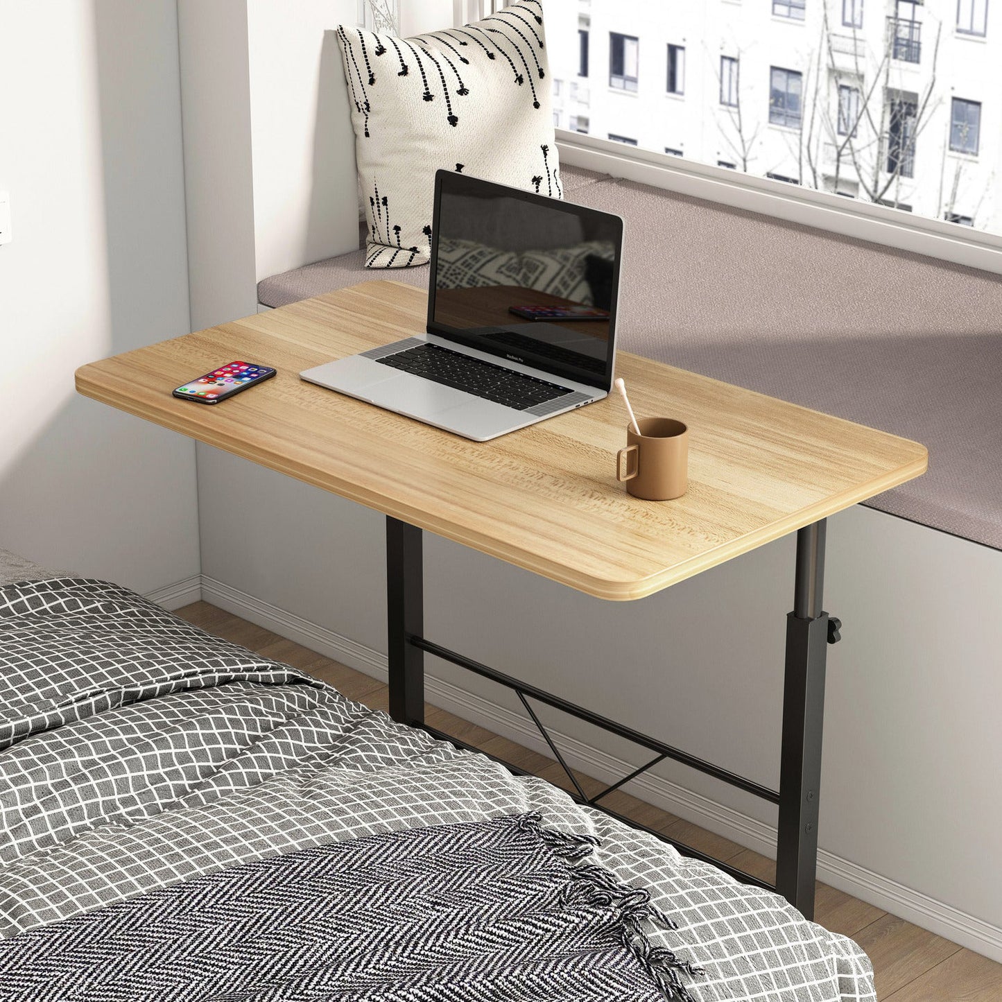 Adjustable Portable Sofa Bed Side Table Laptop Desk with Wheels (Oak)