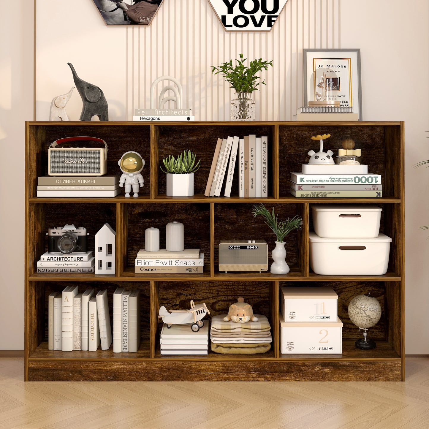 9 Shelving Insight Bookshelf Display Cabinet Bookcase Shelf Organiser (Rustic Wood)