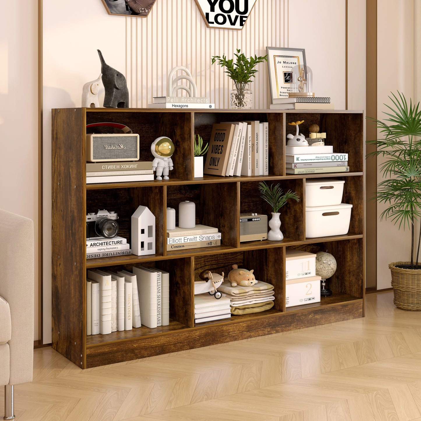 9 Shelving Insight Bookshelf Display Cabinet Bookcase Shelf Organiser (Rustic Wood)