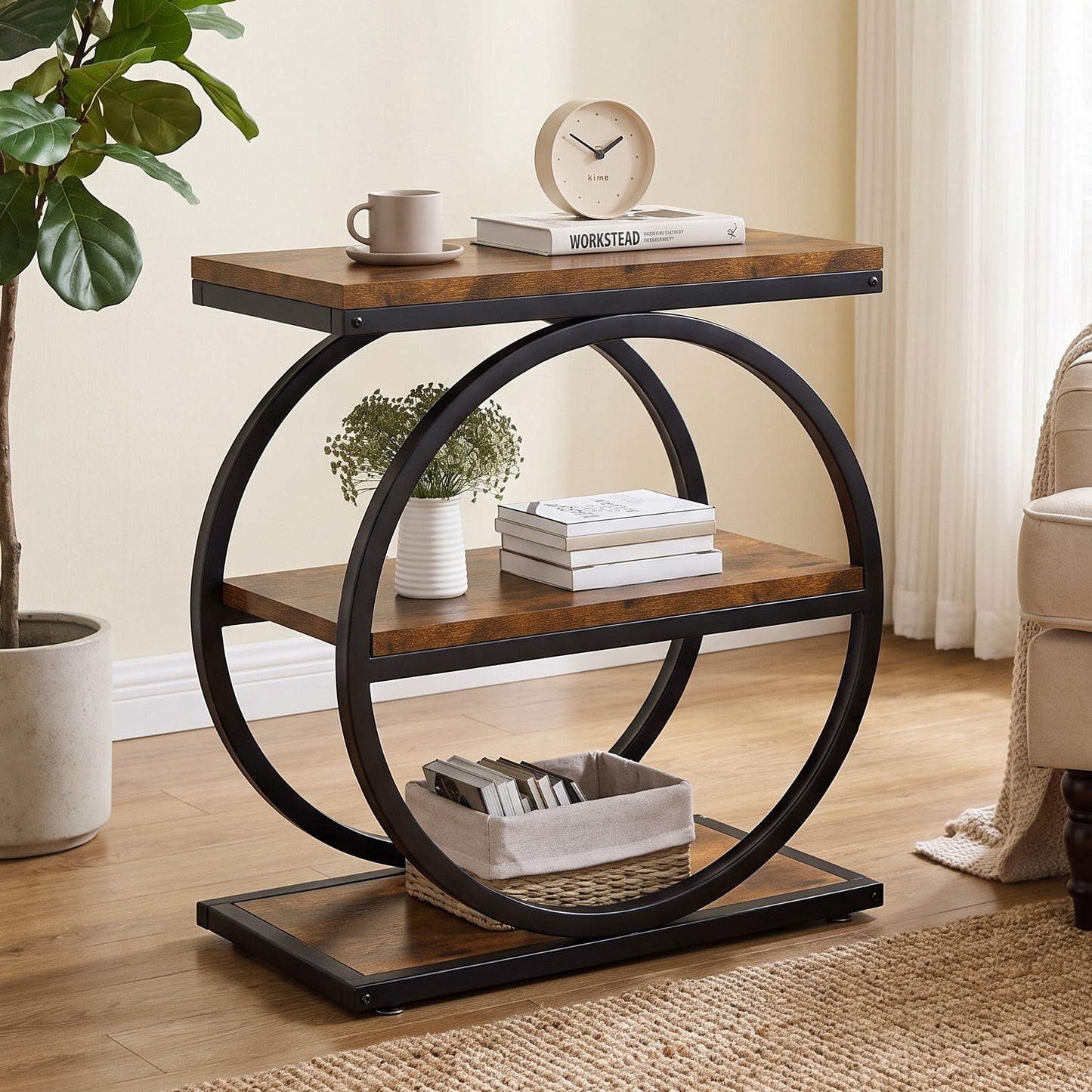 Eclipse Rustic Wood and Metal Round Side Table with Shelves