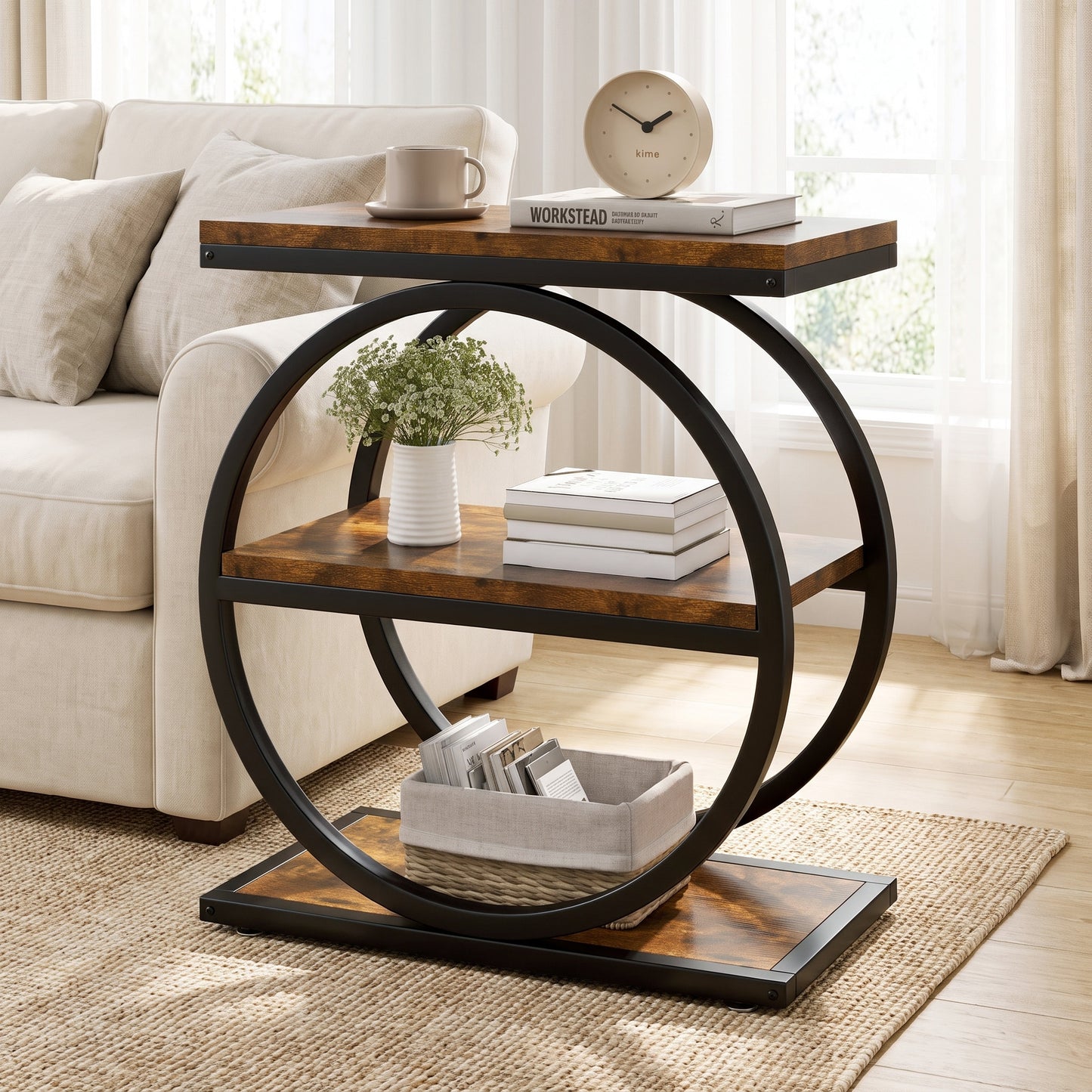 Eclipse Rustic Wood and Metal Round Side Table with Shelves