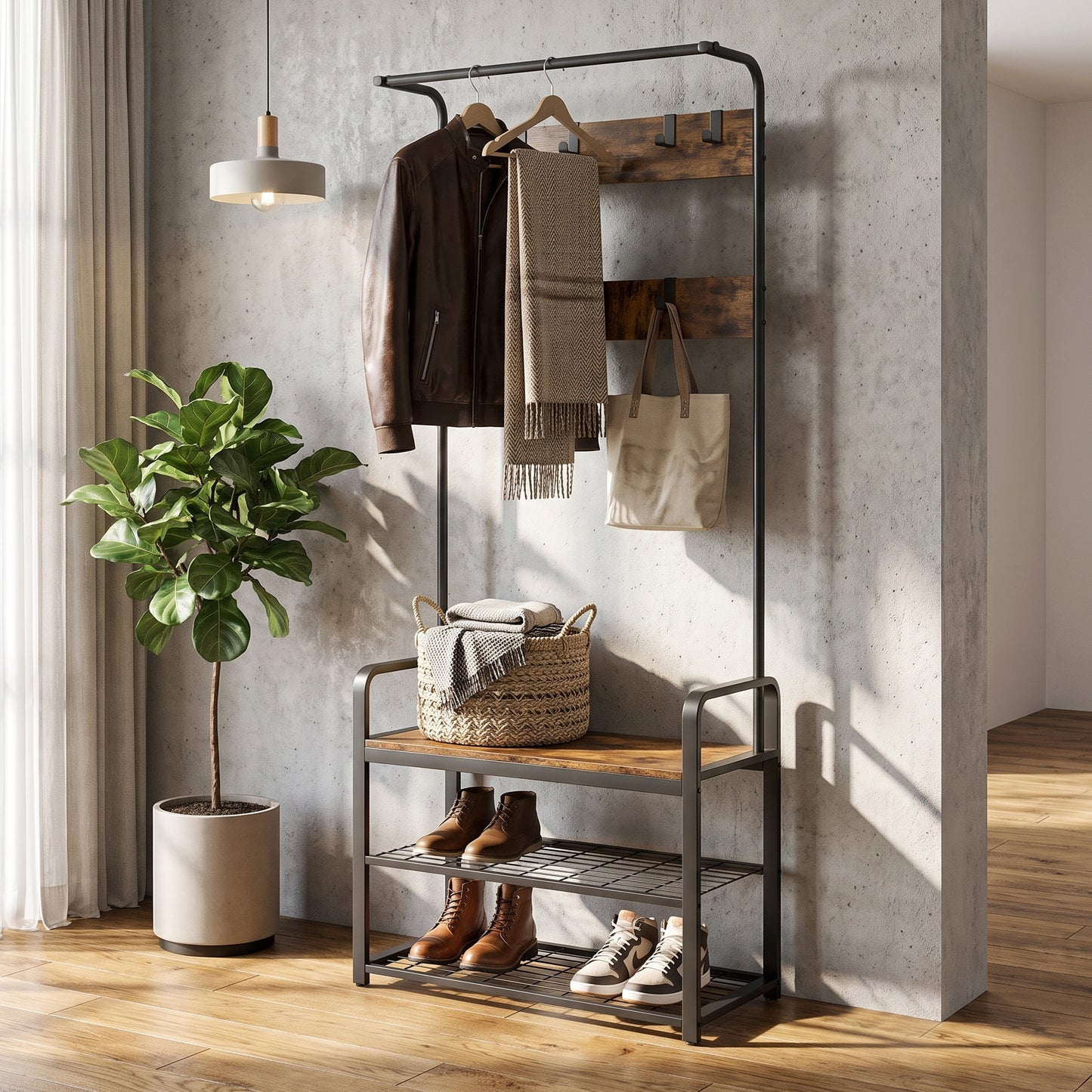4-in-1 Tall Rustic Wood Coat Clothes Hanger Rack with Shoe Bench