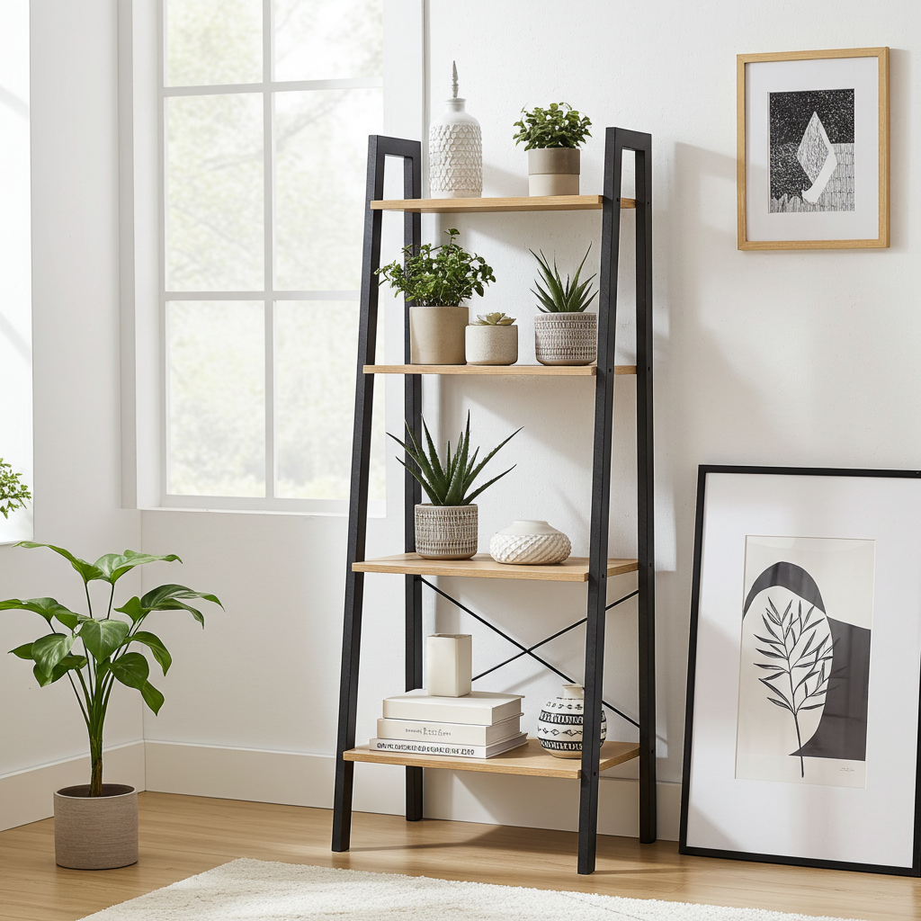 Elevate Rustic Oak 4-Tier Ladder Shelf Wood & Metal Bookcase Storage Organizer