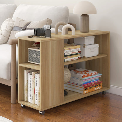 Large Versatile Sofa Side Table & Magazine Shelf with Casters (Oak)