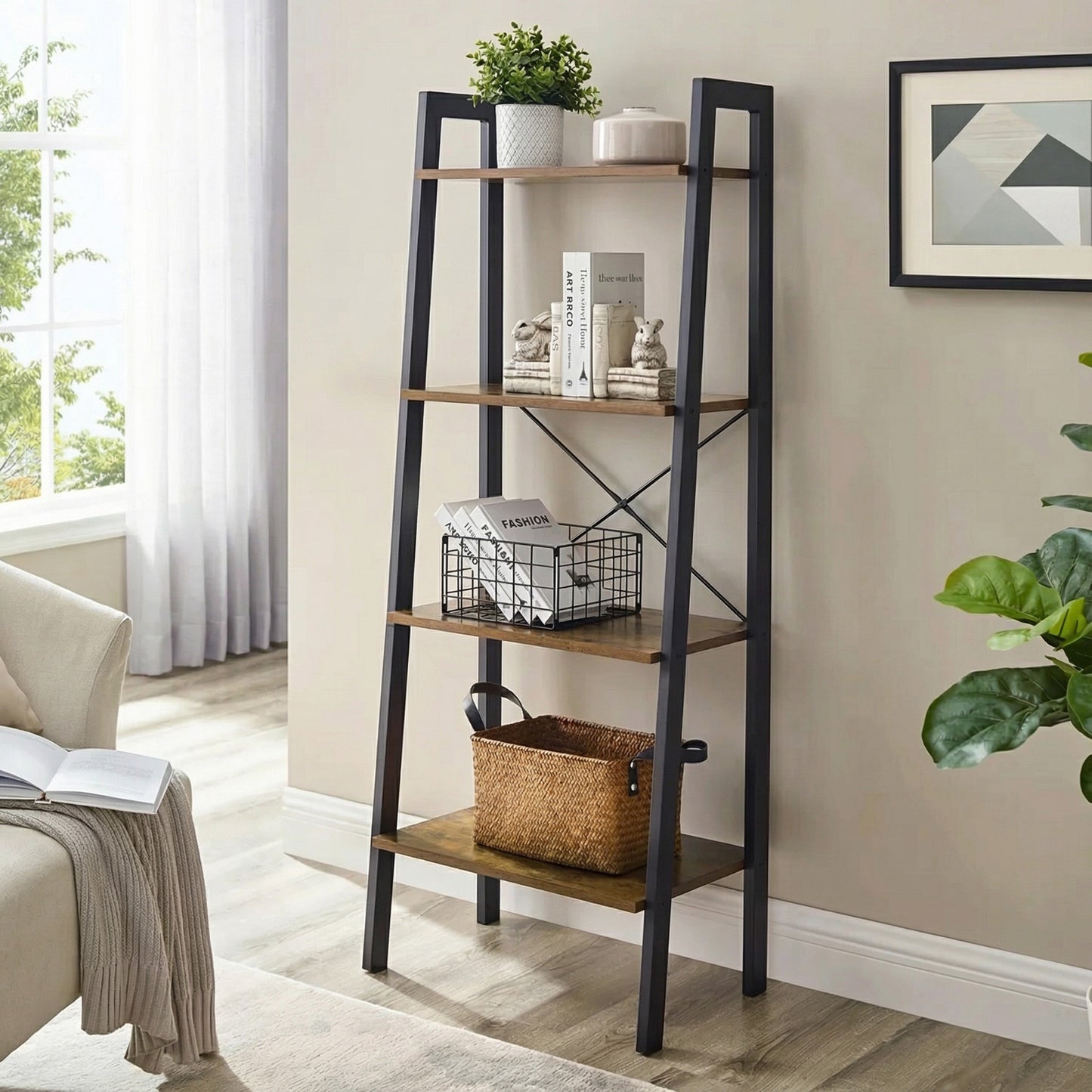 Elevate Rustic Wood & Metal 4-Tier Ladder Shelf Bookcase Storage Organizer