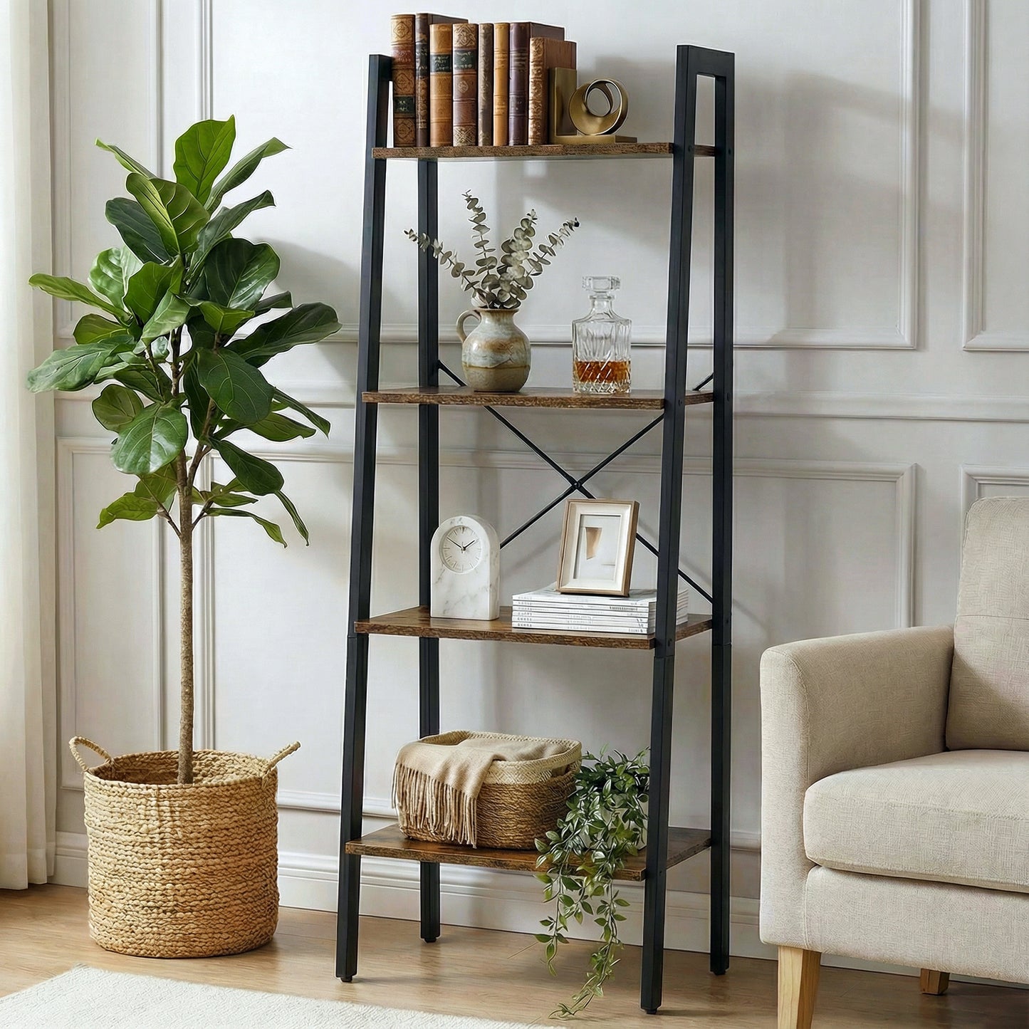 Elevate Rustic Wood & Metal 4-Tier Ladder Shelf Bookcase Storage Organizer