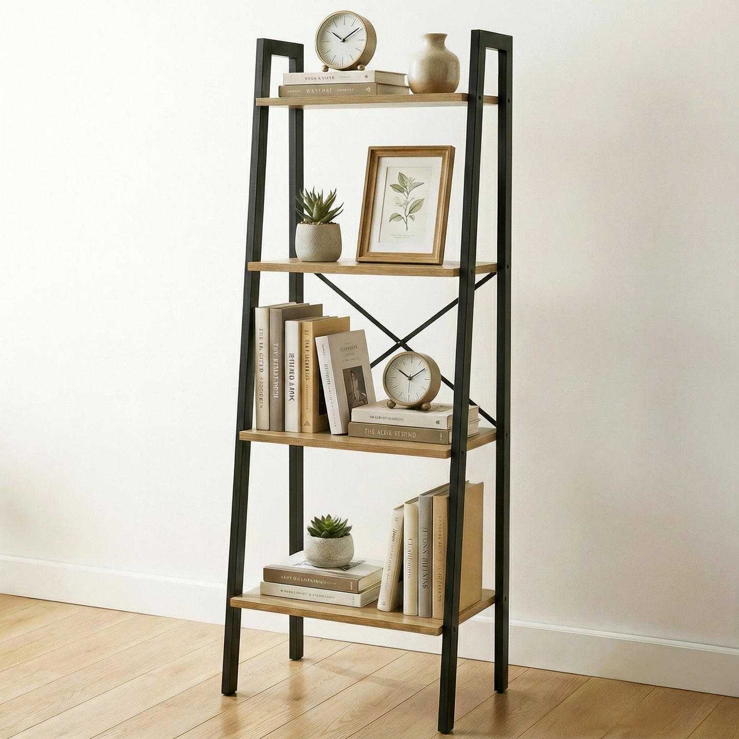Elevate Rustic Oak 4-Tier Ladder Shelf Wood & Metal Bookcase Storage Organizer