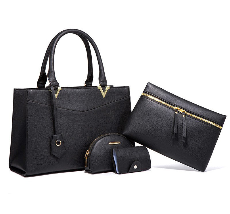 4 PCS Deluxe Faux Leather Handbag Set, Tote, Shoulder Bag, Clutch Purse Wallet & Coin Bag (Black) - Dshop.com.au