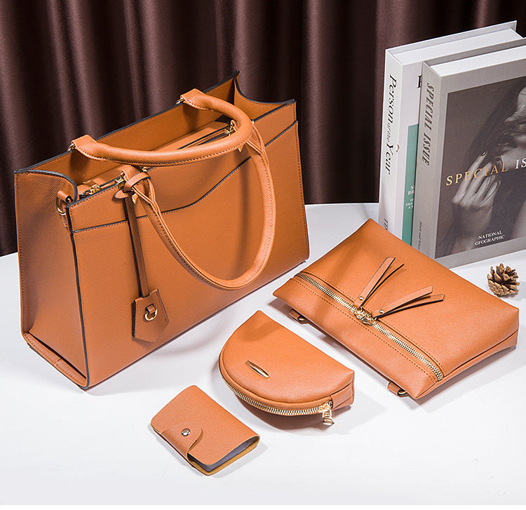 4 PCS Deluxe Faux Leather Handbag Set, Tote, Shoulder Bag, Clutch Purse Wallet & Coin Bag (Copper) - Dshop.com.au