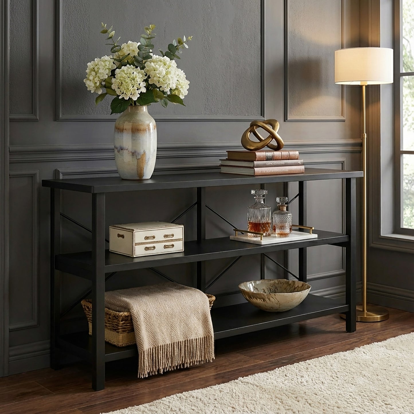 Serenity Industrial Console Table Bookcase TV Stand Storage Shelf Unit (Black)