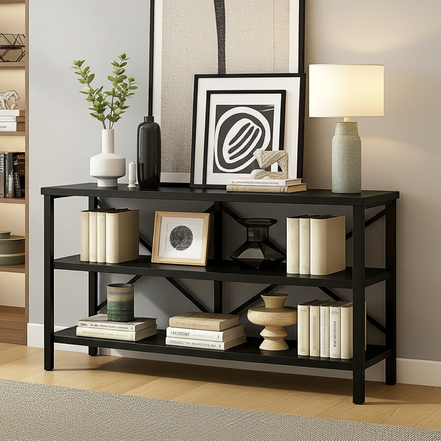 Serenity Industrial Console Table Bookcase TV Stand Storage Shelf Unit (Black)