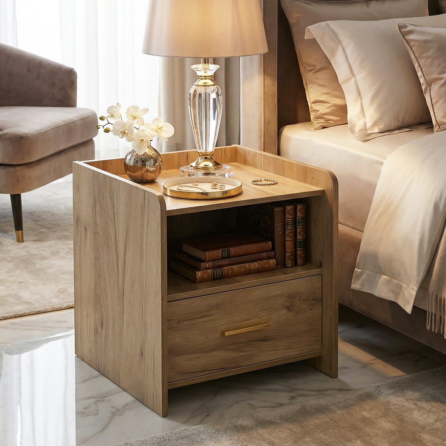 Serene Bedside Table Nightstand with Drawer (Oak)