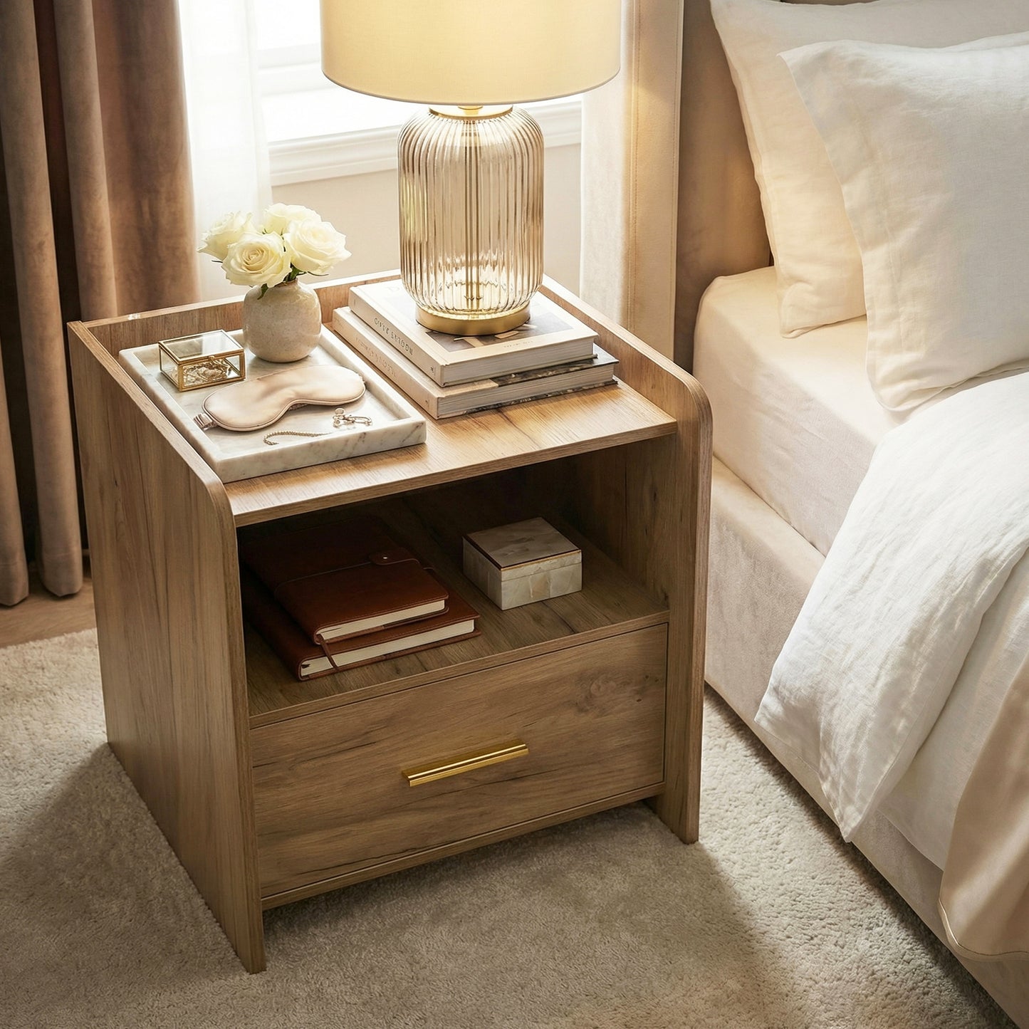 Serene Bedside Table Nightstand with Drawer (Rustic Oak)