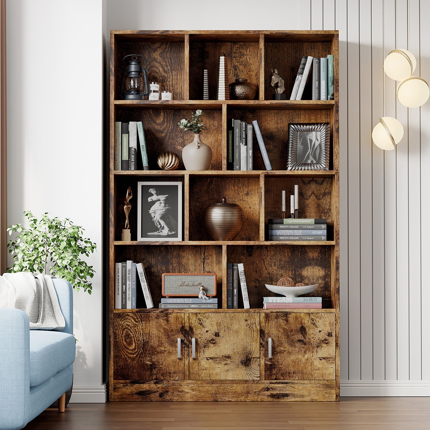 Alpha 10-Shelf 3-Door Wardrobe Cupboard Bookshelf Cabinet (Rustic Wood)