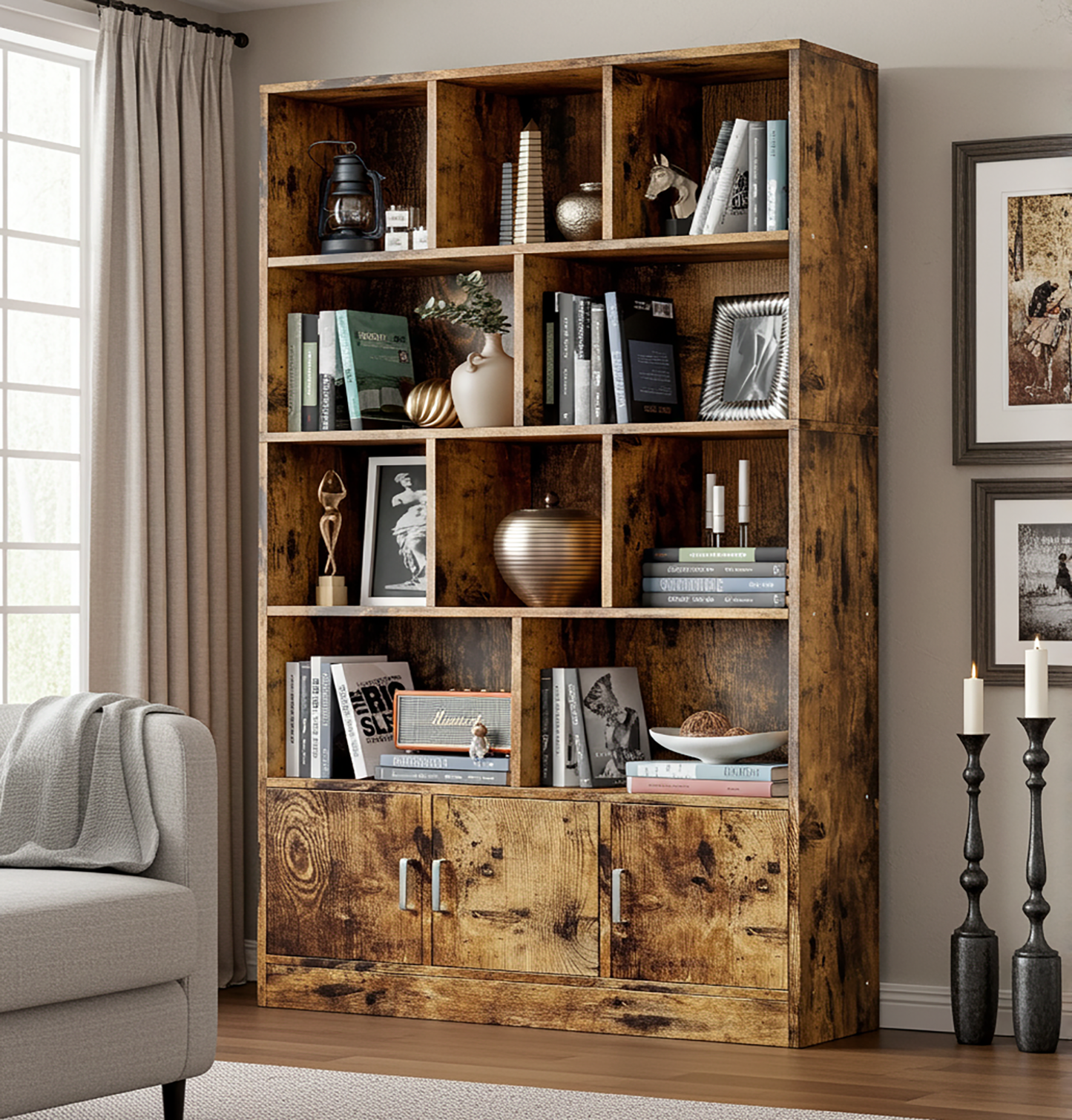 Alpha 10-Shelf 3-Door Wardrobe Cupboard Bookshelf Cabinet (Rustic Wood)