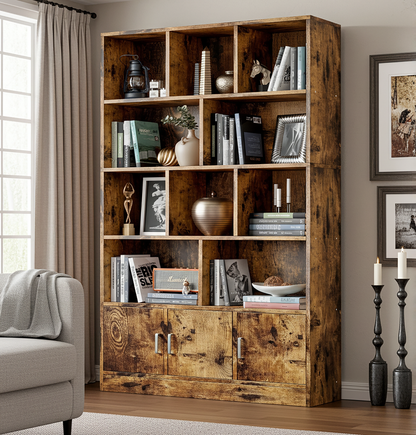 Alpha 10-Shelf 3-Door Wardrobe Cupboard Bookshelf Cabinet (Rustic Wood)