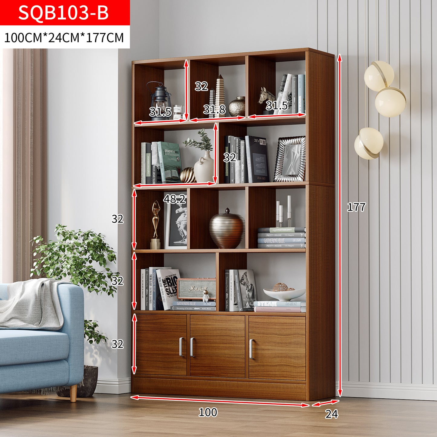 Alpha 10-Shelf 3-Door Wardrobe Cupboard Bookshelf Cabinet (Walnut)